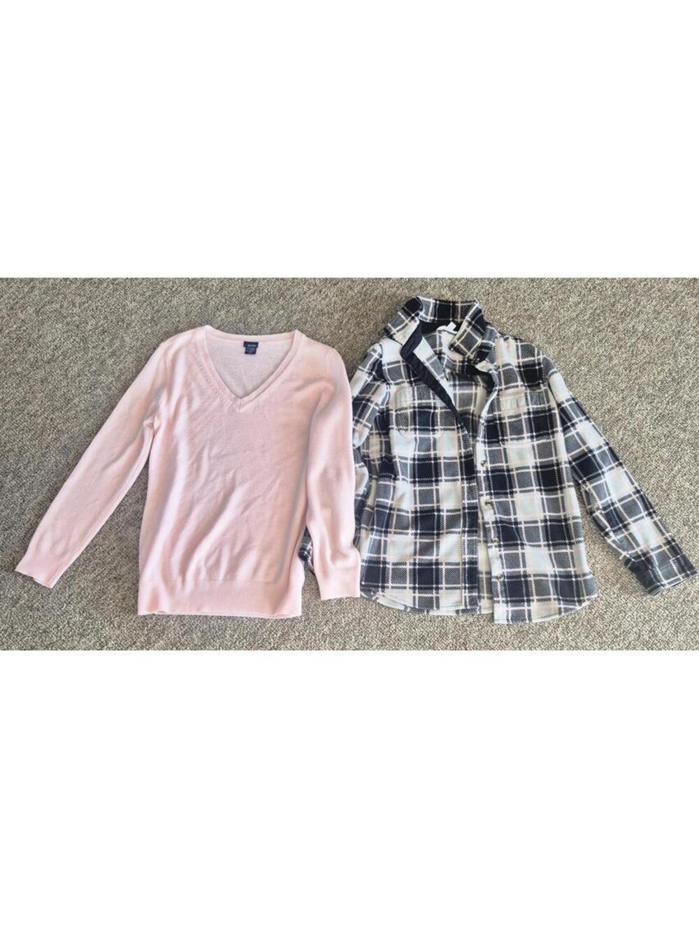 Basic Editions Pink V-Neck Sweater and Time and Tru Black and White Plaid Shirt